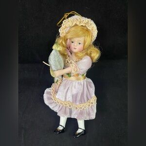 Victorian Small Porcelain Doll Purple Dress Parasol Curly Hair Ornament